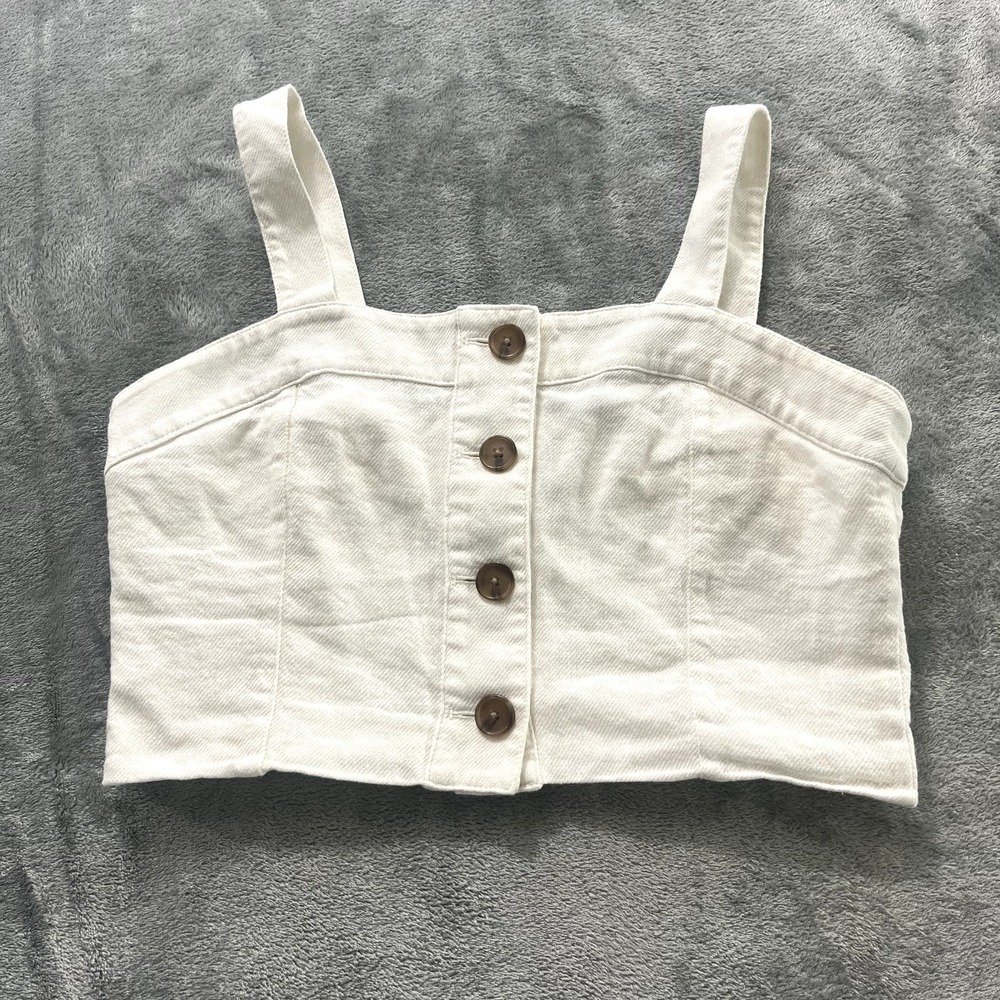Worthington Ivory Linen Blend Button Up Crop Tank Top 90s Boho Ivory Medium